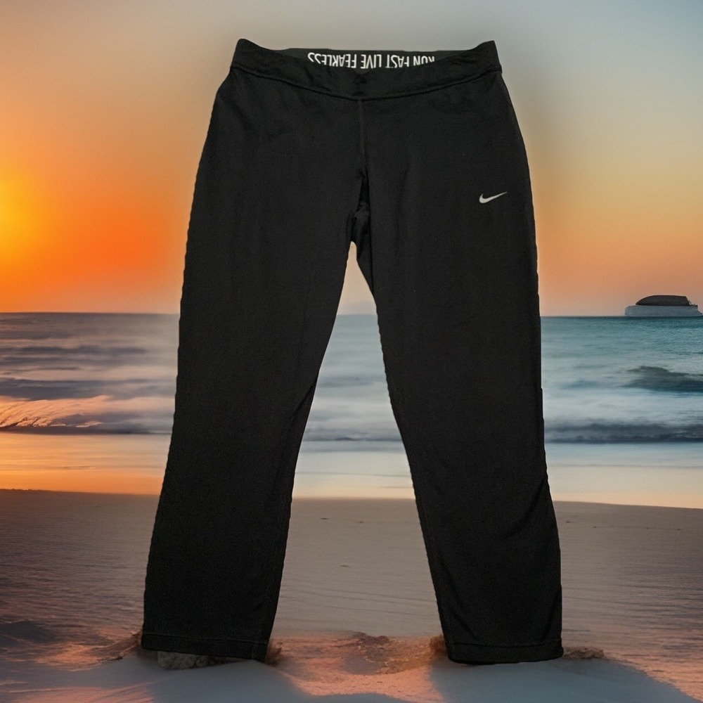 Nike Dri Fit Power Epic Run Cropped Running‎ Leggings Black Womens Large Swoosh